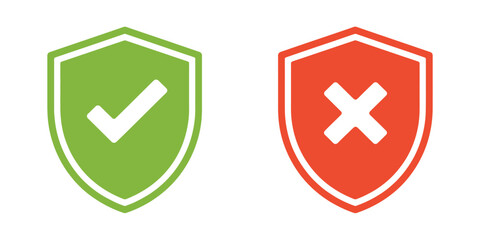 Shield icon set with checkmark and cross symbols representing internet protection, security, and risk status. © ARIF AHMED 04