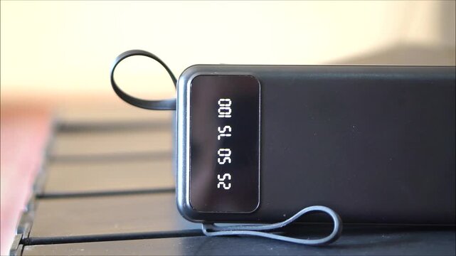 Digital power bank charging with the battery indicator displaying 75 percent capacity on the LED screen.