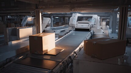 Fototapeta premium Automated robotic system efficiently sorting and moving cardboard packages on a modern conveyor belt in a large scale logistics facility, streamlining order fulfillment processes