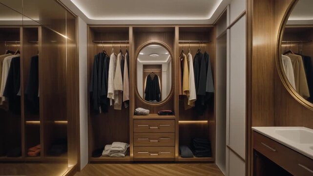 Modern walk in closet featuring wooden cabinets and elegant lighting in a luxury home interior