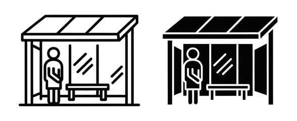 Naklejka premium Bus Stop Icons, Public Transport Shelter, Waiting Area, Urban Transit, City Infrastructure, Transportation Hub