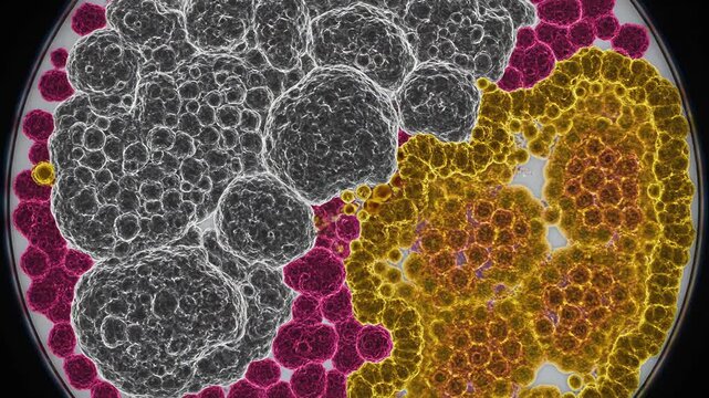 Microscopic View of Red and Yellow Cells Rapidly Multiplying in Petri Dish