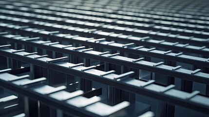 Obraz premium Repeating metallic structures forming a precise and organized grid, representing concepts of technology, data, manufacturing, and future innovation in an abstract digital space
