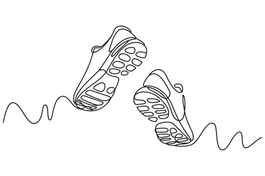 Outline illustration of two running shoes in a continuous line style depicting the soles and heels with rhythmic wavy lines of movement athletic shoes sport footwear vector illustration line art