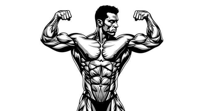 Muscular Bodybuilder Flexing Biceps and Abs - Black and White Illustration