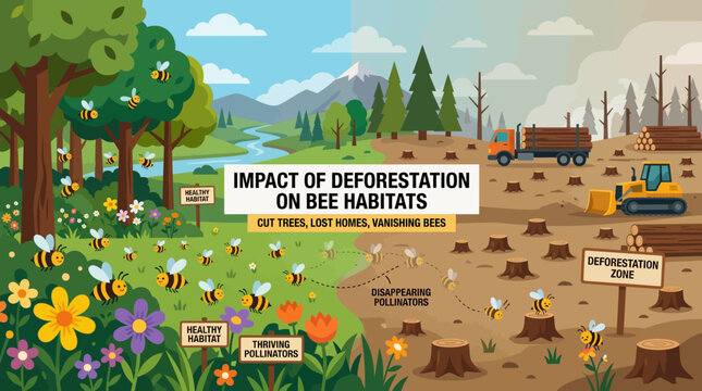 Honeybees struggle to locate nesting sites within a decimated forest boundary as industrial logging operations continue to flatten the landscape.