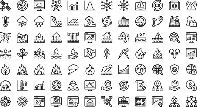 Natural Disaster Climate Risk Line Icons Set for Environmental Hazards, Weather Monitoring, Emergency, and Safety Interface Design