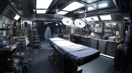 Obraz premium Advanced surgical room providing a sterile and high tech environment for future medical procedures, featuring an operating table and specialized equipment under bright lights
