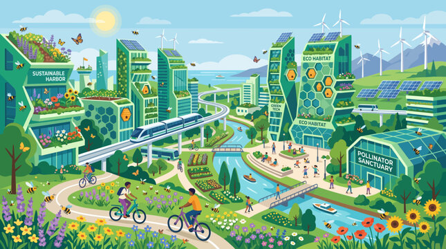 Sustainable metropolis incorporates solar-powered structures and vibrant river corridors with abundant floral biodiversity.