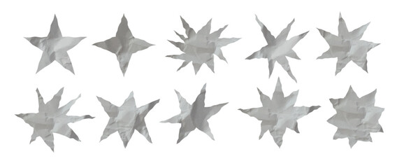 Fototapeta premium Colorful crumpled paper comic stars shapes. Retro comic torn paper cutouts collage design. Cut white explosion shapes scrap. Vector illustration