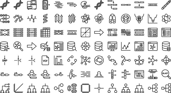Biotechnology Research Line Icons Set for Genetics, DNA Analysis, Molecular Science, Database, and Laboratory Interface Design