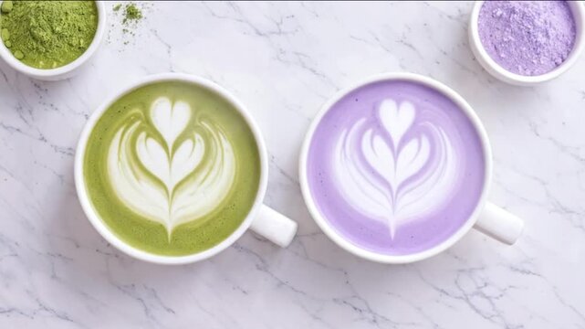 4K Top view macro comparison of ube latte and matcha latte with latte art, purple yam vs green tea cafe drinks side by side, vibrant contrast of trendy antioxidant wellness beverages
