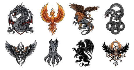 Fototapeta premium Mythological creatures set vector illustrations graphic design elements