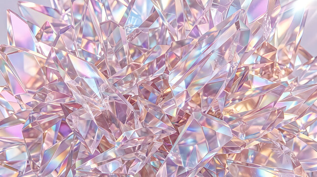 Abstract close-up of sparkling pink and iridescent crystal facets with light refractions, gem cut