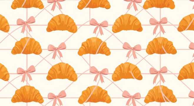 Delicate seamless pattern of golden croissants and pink bows on a light textured background