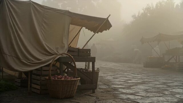Misty Morning at an Old-World Open Market with Produce Stalls and a Basket of Apples, Evoking