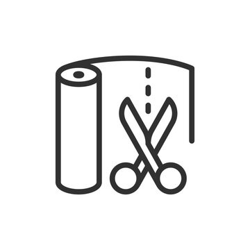 Fabric roll with scissors, linear style icon. Cutting textile material and tailoring. Editable stroke width