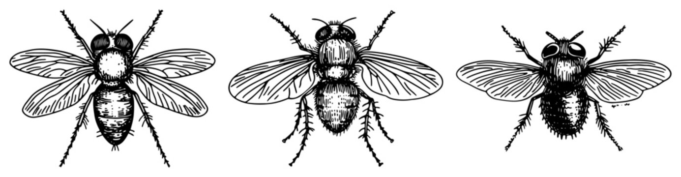 Fly insects collection showing houseflies from different angles in vintage engraving style