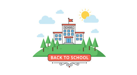 Naklejka premium Colorful back to school illustration with a school building on a green hill under a bright sunny sky with white clouds.