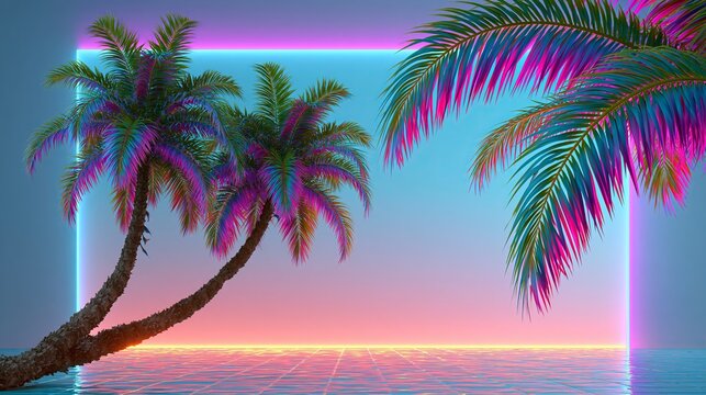 Palm leaves create a stylish, trendy summer backdrop with vibrant purple and blue neon colors.