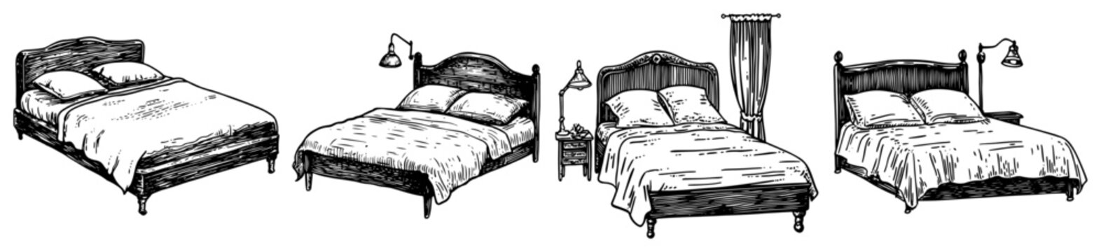 Double beds with pillows and bedding set in detailed engraving style