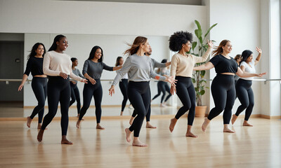 Obraz premium Dance fitness women diverse body types performing a synchronized routine in a bright studio promoting inclusivity and health