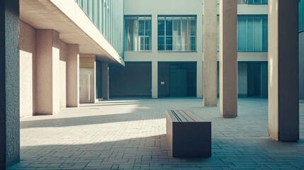 Fototapeta premium Modern architecture creating an urban geometric space, featuring concrete pillars casting long shadows across the textured pavement, with a minimalist bench offering a place for reflection
