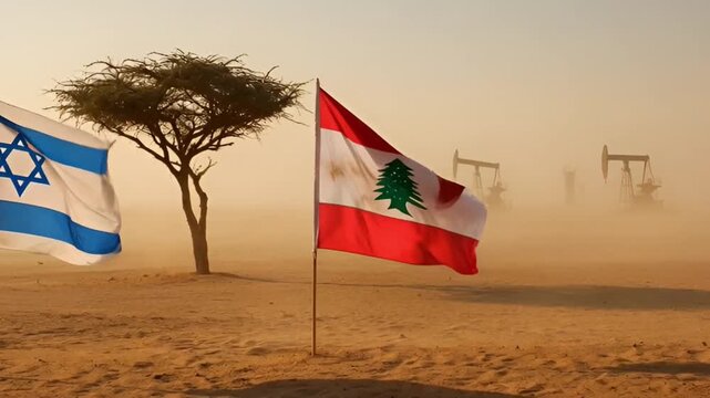 israel and lebanon flags wave in the desert with a lone tree and oil rigs in the background. a conceptual video about international relations, resources and political tensions in region.