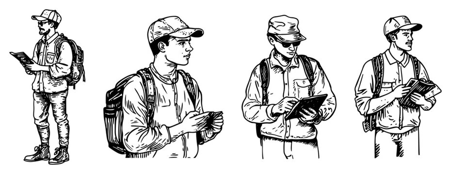 Travelers and hikers with backpacks and maps in vintage engraving style