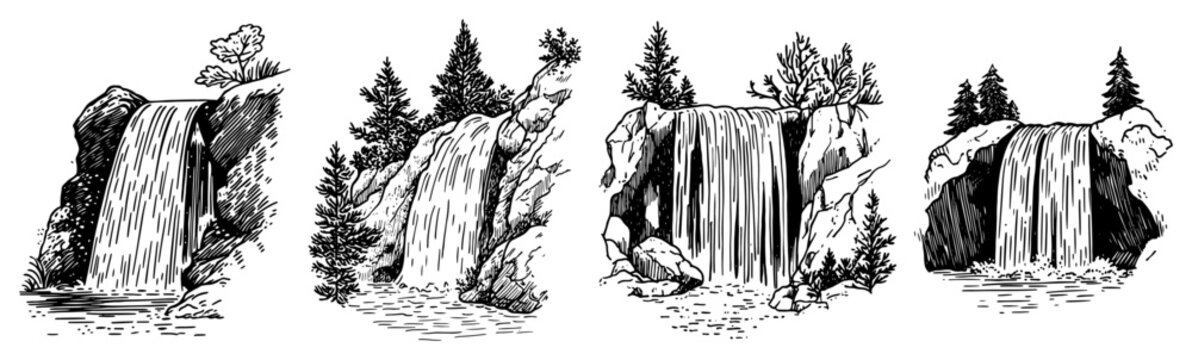 Waterfall landscape collection with rocks and pine trees in vintage engraving style