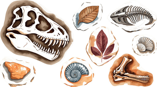 Realistic Fossil Vector Collection Featuring Dinosaur Skull, Trilobite, Ammonite, Fish Skeleton, and Leaf Fossils for Paleontology and Science Designs