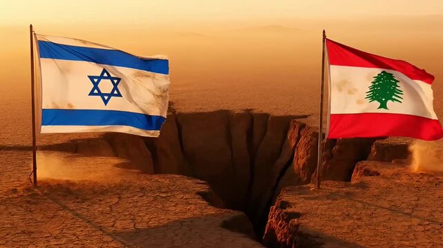 conceptual illustration of israel and lebanon flags separated by a deep crack in the dry desert soil symbolizing middle east conflict international tension and political crisis