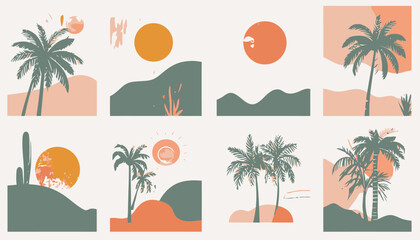 Obraz premium Creative Graphic Design of Tropical Landscapes Featuring Sunsets and Palms in Warm Colors