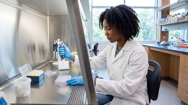 Young Latino scientist performing PCR setup in a laminar flow hood.