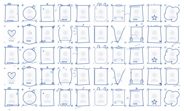 Blue Hand Drawn Doodle Photocard Frame Template Set for Social Media, K-pop Aesthetic Decorative Borders for Collage, Minimalist Sketch Vector Frames with Cute Icons and Labels