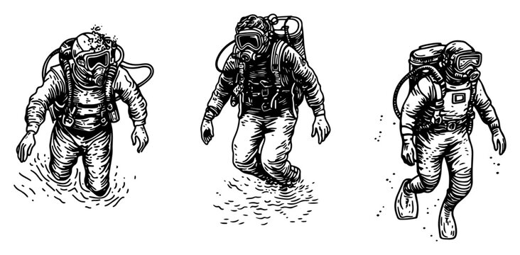 Scuba divers in protective suits for deep sea exploration in vintage engraving style