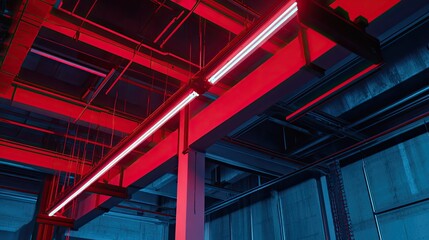 Naklejka premium Industrial architecture featuring bright neon light tubes illuminating the metallic structures and concrete walls, creating a vibrant futuristic aesthetic with electric red and blue colors
