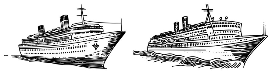 Obraz premium Cruise ships and ocean liners on the sea in vintage engraving style