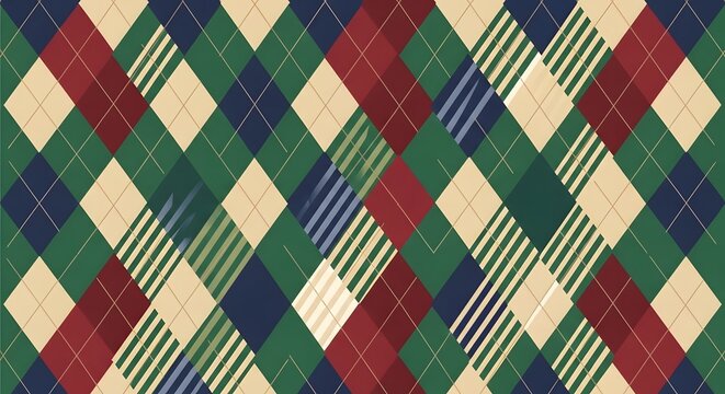 Seamless argyle pattern featuring classic diamond and stripe motifs in a rich, festive color palette of deep green, cranberry red, navy blue, and cream, ideal for fashion and textile designs