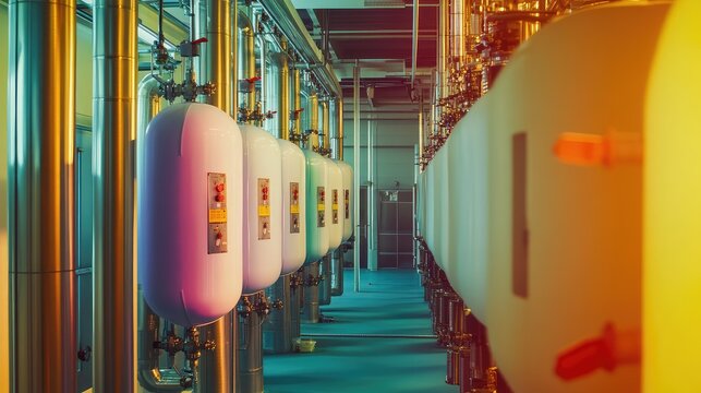 Industrial facility interior featuring rows of storage tanks and a complex network of connecting pipelines, essential for manufacturing processes and resource distribution