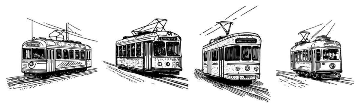 Vintage city tram and streetcar collection in classic engraving style