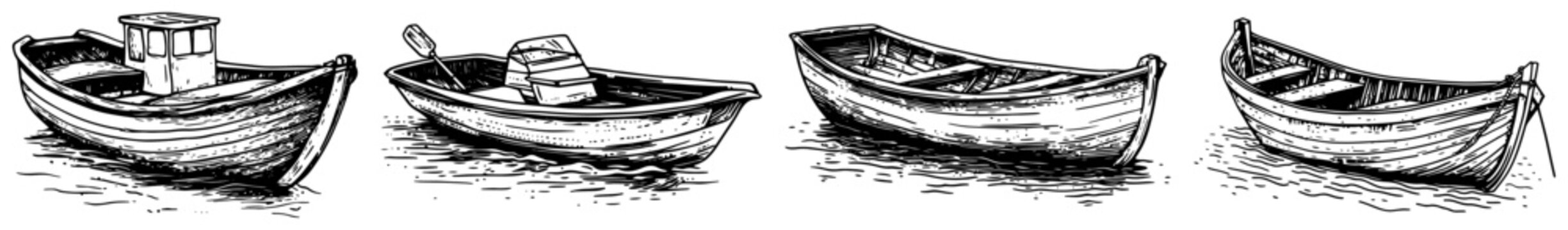 Wooden rowing boats and small fishing vessels on water in vintage engraving style