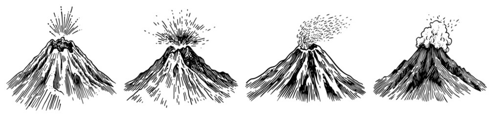 Erupting volcanoes with smoke and ash clouds in vintage engraving style © Kaz