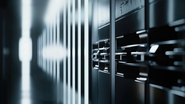 Server racks standing in a modern, abstract data center, featuring glowing lights and intricate designs, representing advanced technology, digital connectivity, and network infrastructure