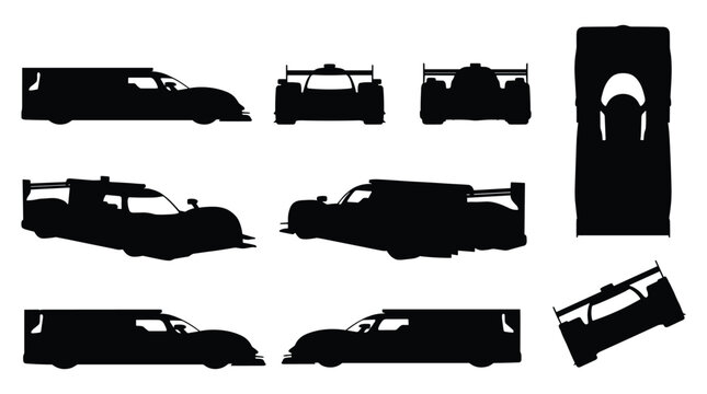 Le Mans Style Prototype Race Car Silhouette Set &mdash; Side, Front, Top and Action Views, Isolated Black Vector
