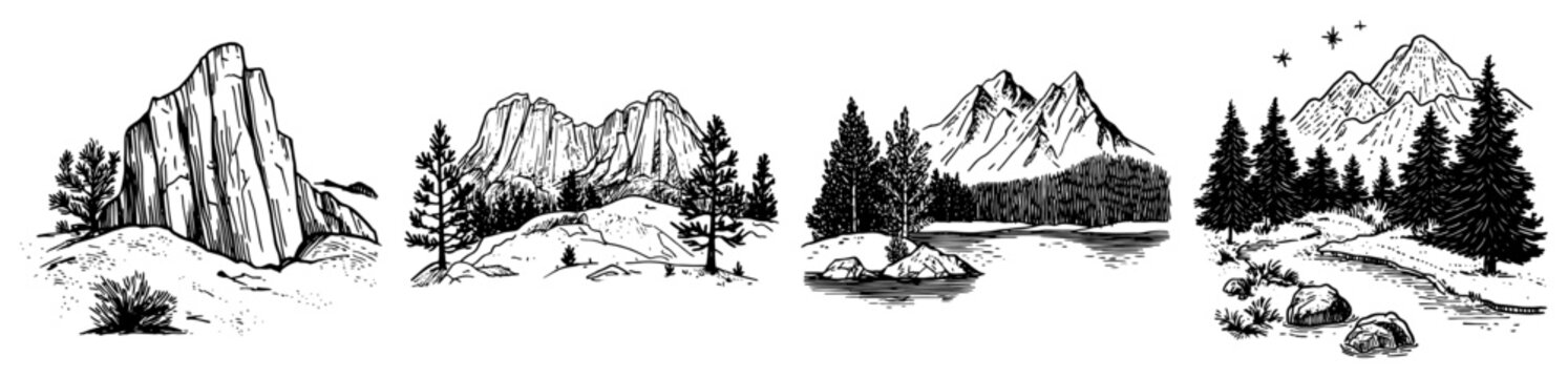 Mountain forest landscape with rocky peaks and lake in vintage engraving style