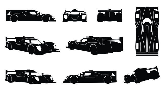 LMP Endurance Race Car Silhouette Set &mdash; Side, Front, Rear, Top and Angle Views, Isolated Black Vector Icons