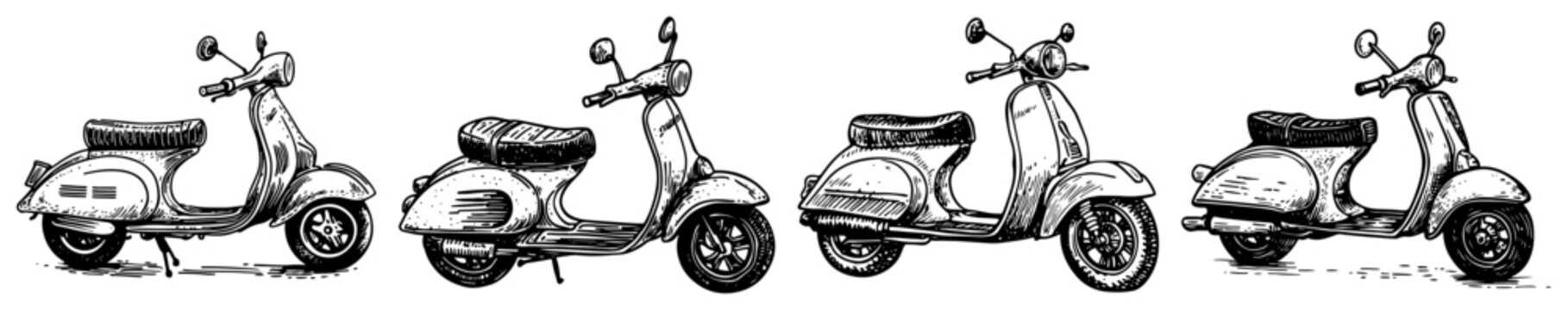 Retro motor scooters and vintage mopeds collection in hand drawn engraving style