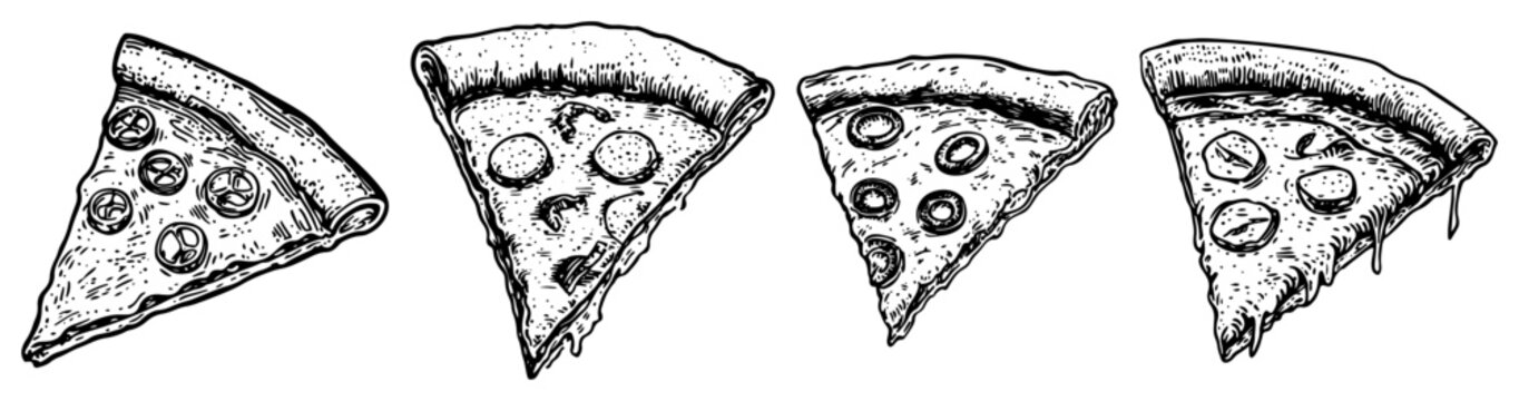 Pizza slices with pepperoni and vegetable toppings in vintage engraving style
