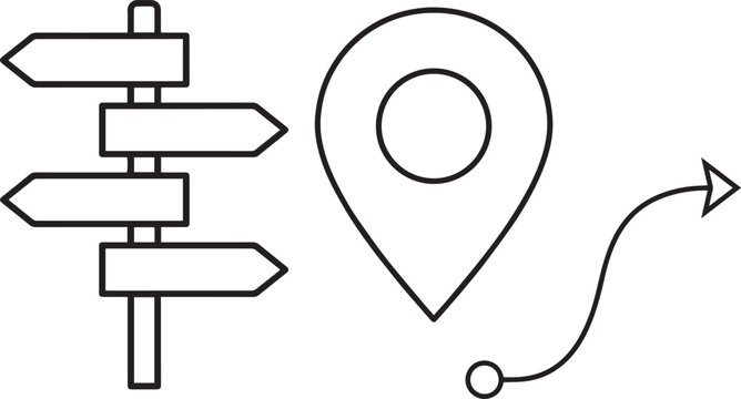 Navigation sign board set arrows location pin route stroke vector